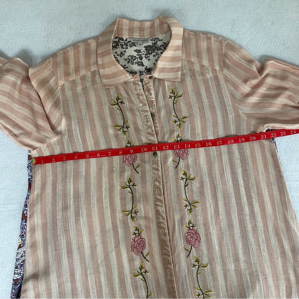 John Mark Mixed Media tunic embroidery linen blend roll tab sleeves Size L - Picture 13 of 16